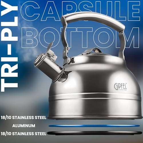 GIPFEL INTERNATIONAL Whistling Tea Kettle Stovetop - Food Grade Stainless Steel Teapot for Stove Top with Ergonomic Handle for Gas, Induction, Electric Stovetops 2.3 Quart - Thumbnail 5