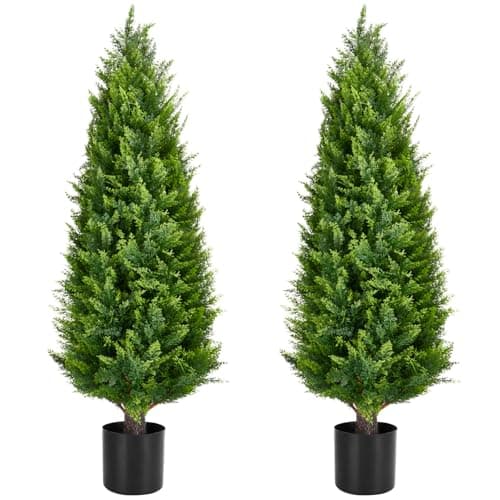 Artificial Topiary Tree 2-Set - 4 Feet Tall UV Protected Faux Cedar Pines - Outdoor & Indoor Decor - Heavy Duty Pots - Realistic Fake Tree - Artificial Plants Outdoor - Image 1