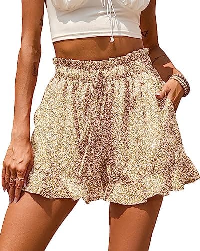 BTFBM Shorts for Women Spring Summer 2026 Beach Vacation Clothes Boho Floral Belted Casual Ruffle Short Pants Pocket Outfits(Floral Apricot, Medium) - Image 1