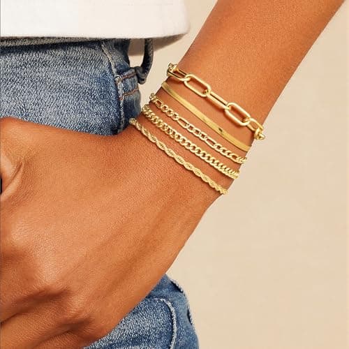 Mujahid Gold Bracelets for Women Waterproof, 14K Gold Plated Bracelets Stack Adjustable Jewelry Set for Gifts;Trendy Thin Dainty Stackable Cuban Link Paperclip Chain Bracelet Pack Fashion Accessories - Thumbnail 4