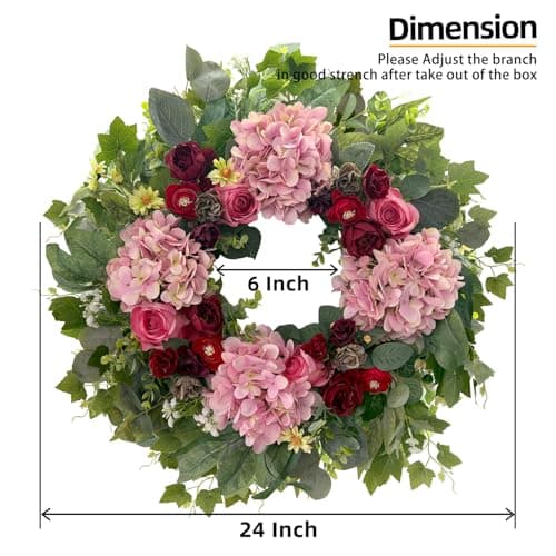 HipTree 24 Inch Spring Wreaths for Front Door,Handmade Pink Burgundy Silk Hydrangeas & Roses Floral Wreath for Mothers Day Valentines Day Decorations,Indoor Outdoor and Wall Decor - Thumbnail 3