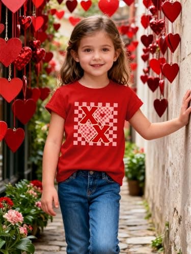 Girls Valentines Day Shirt Size 4 5 Valentine Love Heart Print T-Shirts Kids Graphic Cute Short Sleeve Tee Red - Thumbnail 3