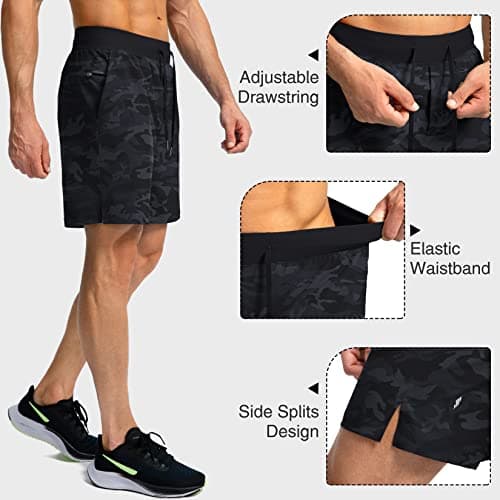 Men's Running Shorts with Zipper Pockets 7 Inch Lightweight Quick Dry Gym Athletic Workout Shorts for Men (Grey Camo, XL) - Thumbnail 5