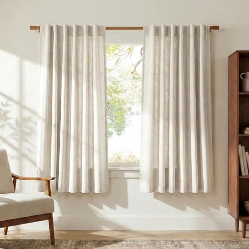 NICETOWN Semi Sheer Curtains 63 inch Length 2 Panels for Bedroom, Rod Pocket & Back Tab Faux Linen Blend Window Treatments Light Filtering Home Decor for Farmhouse, Natural, W55 x L63 - Image 1
