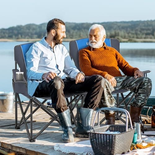 Unisakey Oversized Folding Camping Chair for Adults - 450lbs Support - Heavy Duty Portable Lawn Chairs with Side Pocket Cup Holder Cooler Bag for Sports Garden Beach Fishing, Blue 2 Pack - Thumbnail 2