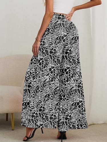Heymoments Women's Wide Leg Dress Pants with Pockets White Flower Black Large Lightweight Elastic High Waisted Adjustable Tie Knot Flowy Casual Ladies Beach Pleated Trousers - Thumbnail 2