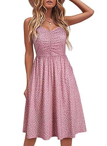YATHON Pink White Dot Casual Dresses for Women Sleeveless Cotton Summer Beach Dress A Line Spaghetti Strap Sundresses with Pockets 2025(S, YT090-Pink Dot) - Image 1