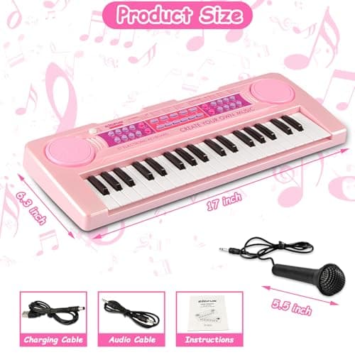 EOOLEOW Kids Piano Keyboard Toys, 37 Keys Music Keyboard Piano for Kid with Microphone, Learning Educational Toddler Keyboard Toys for Kids Ages 3-8 (Pink) - Thumbnail 2