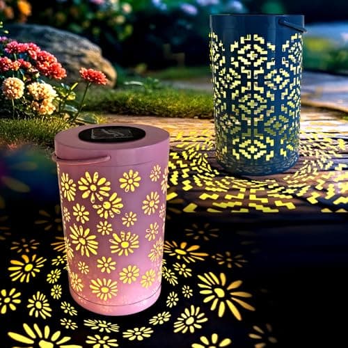 CBAXEAXM 2PCS Solar Lanterns Outdoor Waterproof Hanging Solar Light Metal Tabletop Lantern with Hollowed-Out Design for Garden Yard Patio Porch Table Decor Gifts for Women, Pink+ Dark Blue - Thumbnail 5