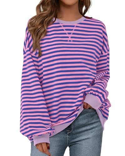 BTFBM Sweatshirt For Women 2026 Summer Crewneck Long Sleeve Oversized Striped Pullover Tops Y2K Clothes Workout Shirt(Blue Pink, X-Large)