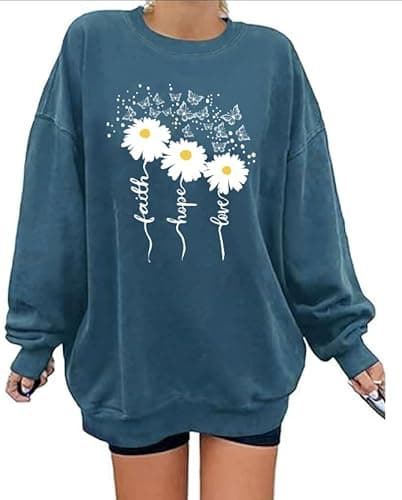 Ladicme Christian Sweatshirts For Women Oversize Faith-Hope-Love Daisy Graphic Pullover Top Casual Loose Fit Tops Blue - Image 1