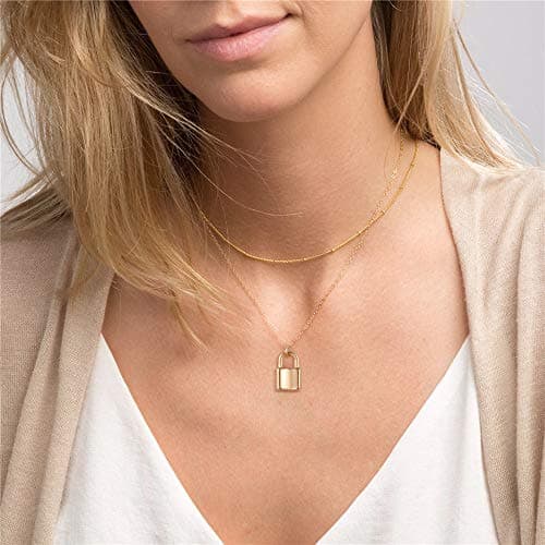 Layered Lock Necklace for Women, Layered Simulated Pearls Lock Necklace for Women Layering Chain Necklaces - Thumbnail 3