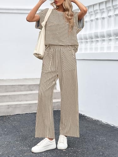 Tankaneo Womens Striped 2 Piece Sets Short Sleeve T Shirts Wide Leg Pants Matching Lounge Set with Pockets - Thumbnail 3