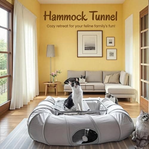 XxingSheep 2-Tier Cat Tunnel & Hammock Bed XXL, 4 Cave Shuttle with Elevated for Multiple Cats Toy Light Grey - Thumbnail 2