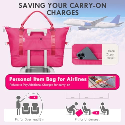 WOOMADA Weekender Overnight Bag for Women, Carry on Shoulder Travel Duffel with Shoes Compartment,Gym Bag with Toiletry Bag(hot pink) - Thumbnail 6