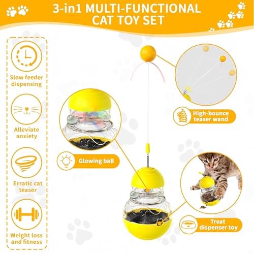 COSOWO Cat Interactive Toys Engaging Wand, Slow Food Treat Dispenser, and Tumbler Design for Indoor Cats Durable, Non-Toxic, Ideal for Exercise and Boredom Relief Gift for Kitten, Yellow - Thumbnail 2