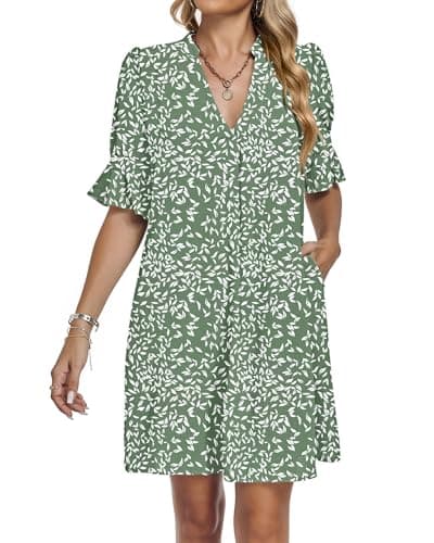 AUSELILY Vacation Dresses for Women V Neck Ruffle Short Sleeve Casual Shift Dress, Olive Green Leaves XL - Thumbnail 6
