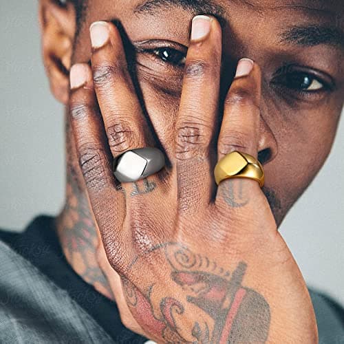 Bestyle 18K Gold Plated Band Ring Square Shape Gold Signet Ring Chunky Simple Plain Solid Stainless Steel Casual Ring Rerto Biker Statement Ring Stackable, Size 11 - Thumbnail 4