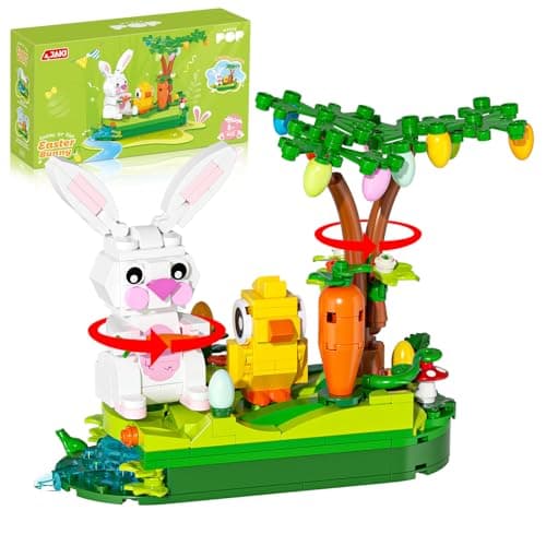 Easter Egg Hunt Bunny Building Rotate Toy Set - Movable Ears Forest Base Running Water Rotating Mechanism to Rotate Bunny Tree, Chick Rabbit Festival Decoration Gifts for Kids Adults Boys Girls 8+