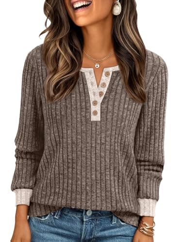 AUTOMET Long Sleeve Shirts 2026 Winter Outfits Fall Clothes Fashion Women Sweater Henley Button Business Casual Dressy Lightweight Tunic Blouse Pullover Trendy Tops Cute Clothing - Image 1