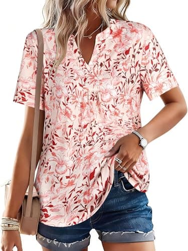 RMCMS Womens Tunic Tops 2026 Short Sleeve Shirts Summer Casual Tee Comfy Blouses Loose Fit Boho Beach Outfits Shirts Red 2XL - Image 1