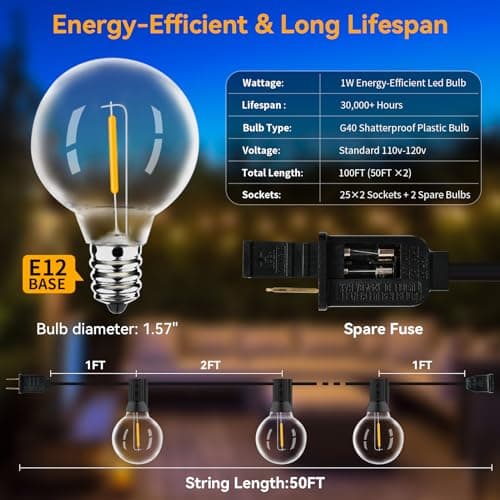 100ft Outdoor String Lights Waterproof/Connectable/Dimmable with 52 LED Shatterproof Bulbs,2-Pack 50ft UL Listed Globe G40 String Lights Outside Lighting for Patio Backyard Cafe Party Wedding Garden - Thumbnail 6