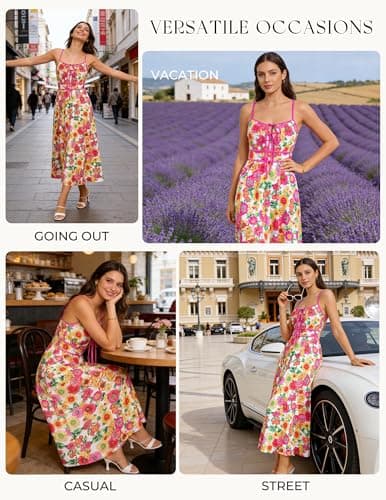 GRACE KARIN 2026 Women's Summer Maxi Dresses, Tie Front Floral Boho Dress, Spaghetti Strap Sundress with Pockets, Pink Yellow L - Thumbnail 4