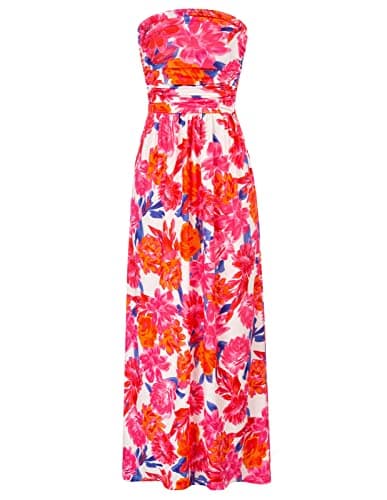 GRACE KARIN Women Strapless Dress Casual Loose Ruched Long Maxi Dress with Pockets Pink Orange - Image 1