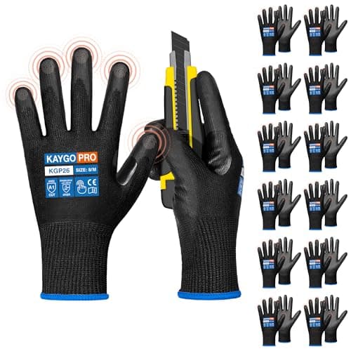 KAYGO 12 Pairs PU Coated Cut-resistant Gloves with Grip,Safety Work Gloves for Men Women,Full Fingers Touchscreen,Ideal for Warehouse,Wood Carving,Construction,ANSI Cut Level A1,KGP26 - Image 1