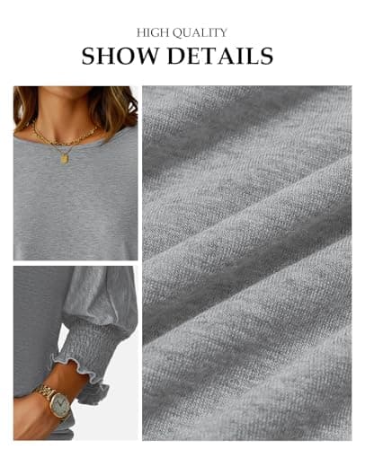 NORACORA Women's 2025 Fashion Tops 3/4 Sleeve T-Shirts Smocked Cuffs Cute Dressy Casual Crewneck Basic Business Tees Blouses Gray XS - Thumbnail 5