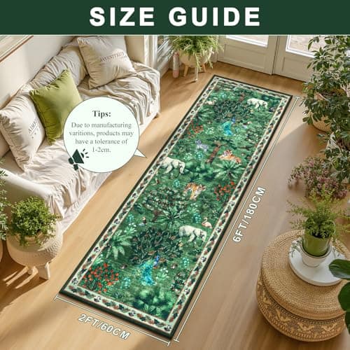 Yamaziot Hallway Runner Rug 2x6 – Jungle Animal Print Linen Rug with Non Slip Backing, Low Pile Washable Distressed Boho Carpet for Indoor Outdoor Rug, Kitchen, Bedroom, Entrance, Forest Green - Thumbnail 2