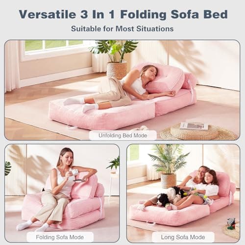 NESLAKO Folding Sofa Bed, Flannel Futon Couch Bed with Pillow and Blanket, Convertible Sleeper Chair for Living Room Bedroom, Pink - Thumbnail 3