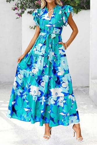 dowerme Women Summer Maxi Dresses 2026 Ruffle Sleeve V Neck Floral Boho Long Dress Belted Tiered Sundress with Pockets(Floral Blue Green,Large) - Thumbnail 5