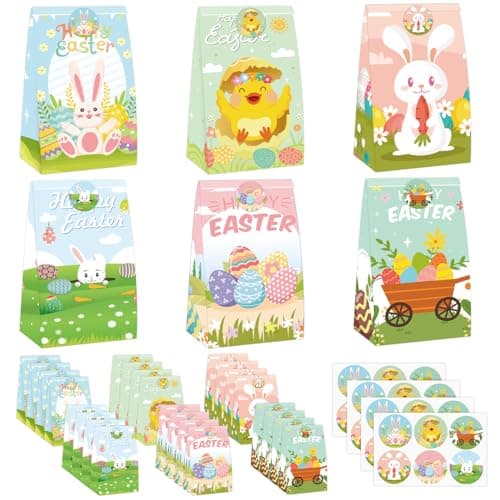 MKLTUHGDG Easter Treat Bag, 24 PCS Easter Gift Bags with Stickers, Party Favor Bags Bulk Egg Chick Bunny Carrot, Goodie Bag Party Supplies for Classrooms, Party Favors - Image 1