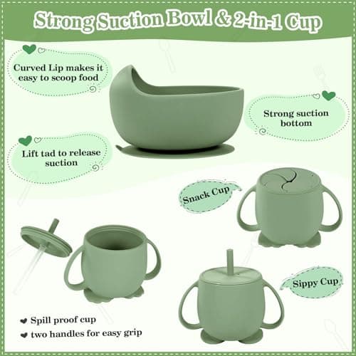 BXLL Olive Green 10 Pcs Baby Led Weaning Supplies - Silicone Baby Feeding Set with Suction Bowl, Divided Plate, Bibs, Fruit Feeder, Pacifier, Spoons, Forks, Sippy Cup & Snack Cup - Thumbnail 4