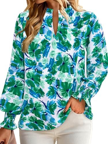MASCOMODA Womens V Neck Floral Long Sleeve Tops 2026 Summer Casual Loose Puff Sleeve Chiffon Boho Work Blouse Dressy T Shirts(Green Floral,XX-Large) - Thumbnail 5