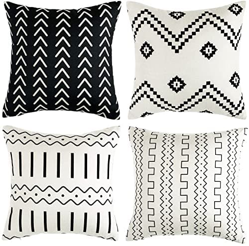WLNUI Set of 4 Boho Pillow Covers,18x18 Pillow Covers Modern Throw Pillow Covers Black Geometric Mudcloth Linen Neutral Decorative Pillow Covers for Sofa Couch Chair