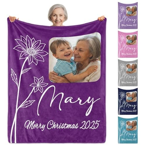 Sparklove Ships Next Day, Custom Blanket with Picture Text for Mom, Personalized Christmas Birthday Blanket with Name Birth Month Flowers, Customize Photo Throw Blankets for Adults, Grandma - Image 1