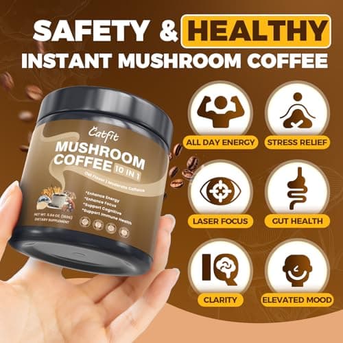 Mushroom Coffee,10 Adaptogenic Mushrooms With Oatmeal Powder MCT Oil, Hydrolyzed Collagen, Instant Coffee with Lion's Mane, Chaga, Cordyceps, L-Theanine for Energy, Focus, Digestion and Immunity, 160G - Thumbnail 5