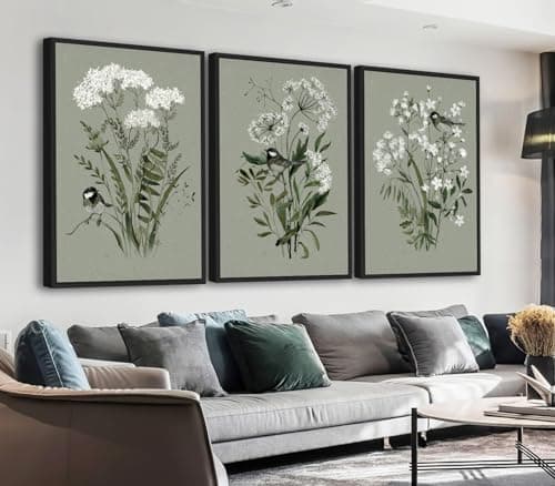 Large Flowers Canvas Wall Art - Wood Framed Wall Pictures Aesthetic Botanical Spring Plants Paintings Sage Green Artwork Prints for Living Room Bedroom Office Home Decor 24" X 36" X 3 Panels - Image 1