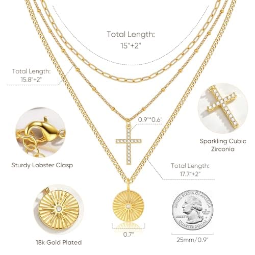 Gold Layered Necklace for Women - 3Pcs 18K Gold Plated Cross Necklaces, Stainless Steel Stackable Necklace Cuban Link Paperclip Chain Trendy Jewelry, Herringbone Choker Christmas Birthday Gift for Her - Thumbnail 4