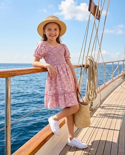 FREELYVE Girls Summer Floral Smocked Dress Square Neck Puff Sleeve Ruffle School Party Teen Sundress,Pink,12-13Y - Thumbnail 5