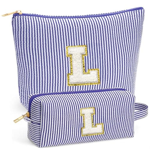 Fohufo Travel Makeup Bag Organizer - Travel Essentials, Initial Travel Toiletry Bag with Zipper | Small Makeup Bag for Purse Cute Blue Stuff Birthday Gifts for Women Mom Daughter, Blue Letter L - Image 1