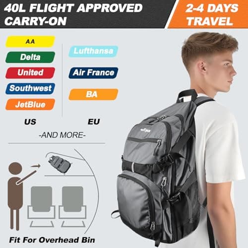 Seektop Lightweight Travel Backpack for Men Women, Multiple Pockets 40L Hiking Backpack Foldable Carry on Backpack for Outdoor Camping Sport Leisure (Gray) - Thumbnail 4