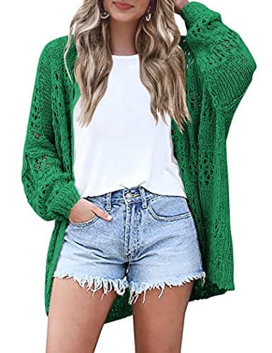 HOTOUCH Lightweight Crochet Cardigan for Women Long Sleeve Open Front Knit Oversized Cardigans Sweaters Dark Green - Image 1