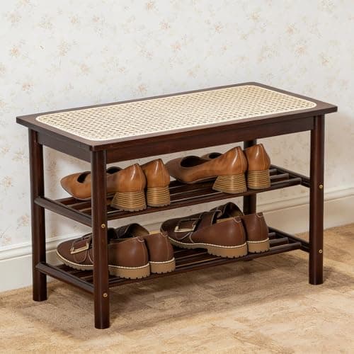 latifolia Shoe Rack Bench, 3-Tier Bamboo Shoe Bench with Breathable Rattan Seat Cushion, Shoe Storage Rack for Entryway(Walnut,23.62''L) - Image 1