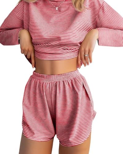 JUSTFASHIONNOW Womens Long Sleeve Pajama Sets Cute Lounge Set 2 Piece Crew Neck Striped Sleepwear Comfy Split Short Pajama Set Soft Fall Outfits Christmas Loungewear Cozy Pj sets (Red, Large) - Image 1