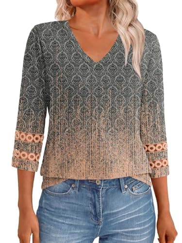 GKBK 3/4 Length Sleeve Womens Tops Dressy Casual Blouses for Women 2026 Trendy Business V Neck Outfits Tshirts T Shirts Eyelet Summer Fashion Clothes Grey Coral S - Image 1