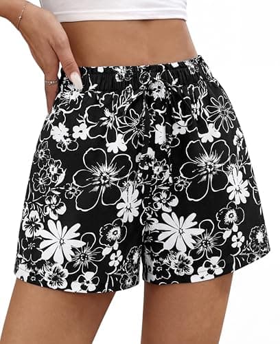 BTFBM Spring Summer Shorts for Women Dressy Casual High Waisted Wide Leg Floral Boho Shorts 2026 Beach Vacation Clothes(Floral Black, Small) - Thumbnail 4