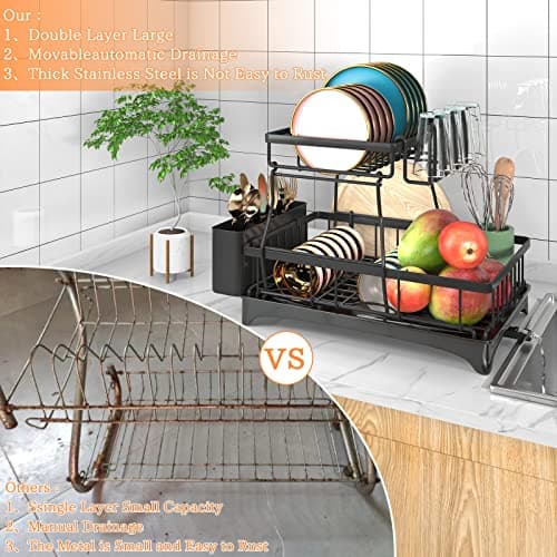 Godboat Dish Drying Rack, 2-Tier Dish Rack with Auto-Drain & Mat, Dish Racks for Kitchen Counter, Dish Drainer with Knife, Fork & Cup Rack, Gifts for Women, Mothers Day, Cool Stuff & Kitchen Gadgets - Thumbnail 5